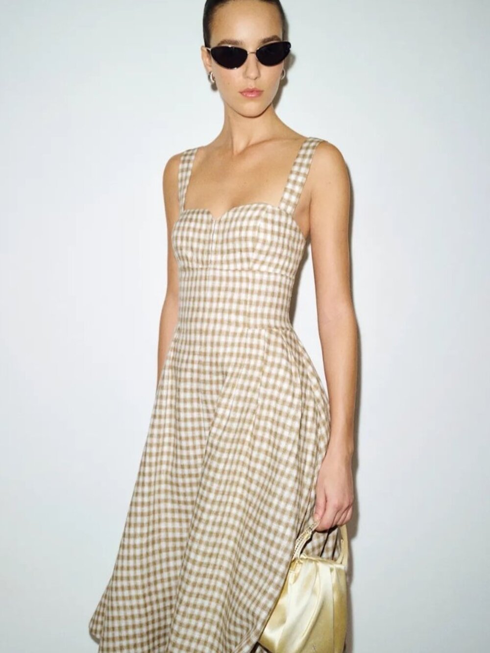 NEW Reformation Roma Midi Linen Dress Dunes Check Gingham Tan White | US 6 UK 10